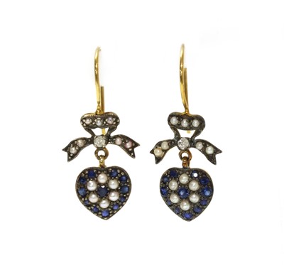Lot 177 - A pair of silver and gold, sapphire, diamond and split pearl drop earrings