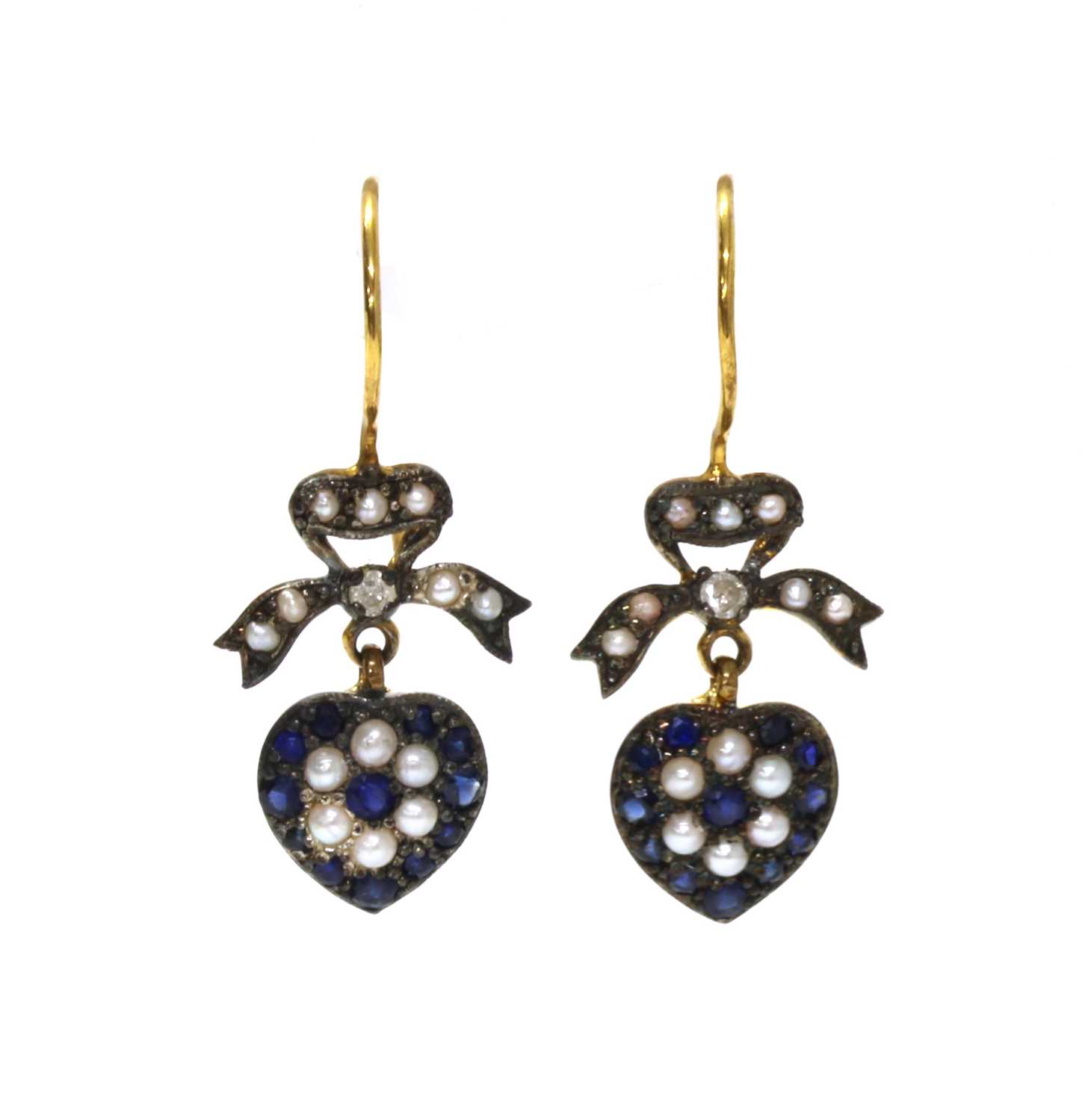 Lot 175 - A pair of silver and gold, sapphire, diamond and split pearl drop earrings