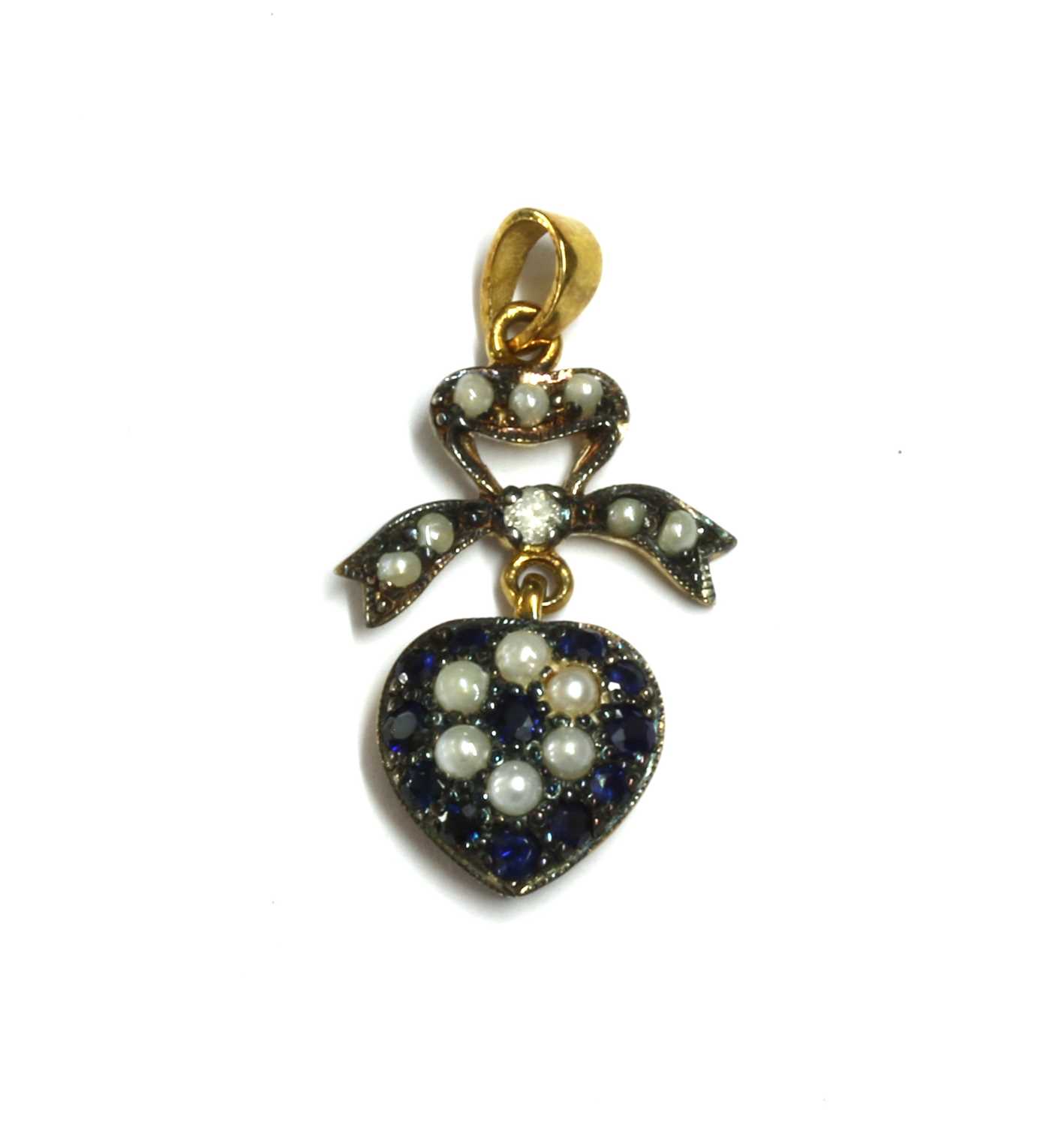 Lot 176 - A silver and gold, sapphire, diamond and split pearl drop pendant