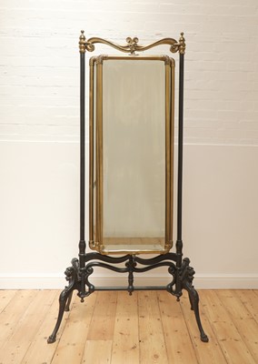 Lot 280 - A cast iron and brass triptych cheval mirror