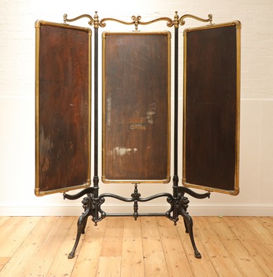 Lot 280 - A cast iron and brass triptych cheval mirror