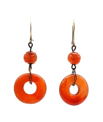 Lot 137 - A pair of Chinese cornelian drop earrings