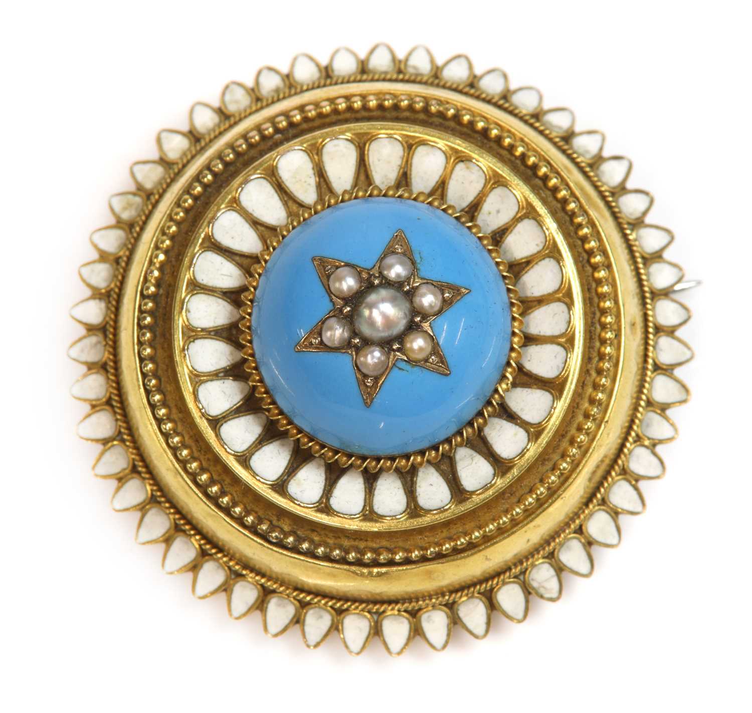 Lot 69 - A Victorian gold split pearl and enamel circular shield form brooch, c.1860