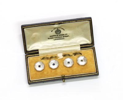 Lot 52 - A cased set of four gold sapphire and mother-of-pearl buttons