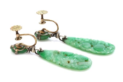 Lot 246 - A pair of Art Deco carved jade and diamond drop earrings