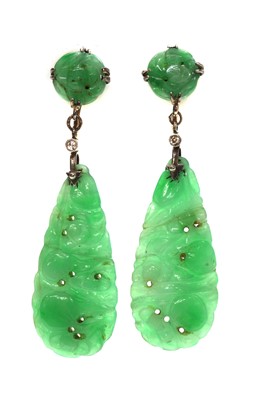 Lot 246 - A pair of Art Deco carved jade and diamond drop earrings