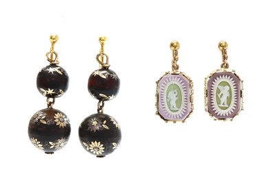 Lot 125 - A pair of Victorian piqué work drop earrings