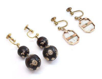 Lot 125 - A pair of Victorian piqué work drop earrings