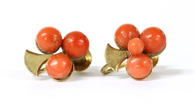 Lot 407 - A pair of gold coral bouton trefoil earrings