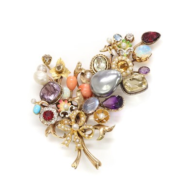 Lot 251 - A pearl, diamond, coral and gemstone and enamel spray brooch, c.1950