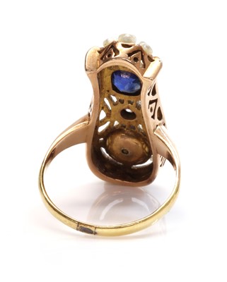 Lot 151 - A Continental rose gold sapphire, diamond and pearl ring, c.1915
