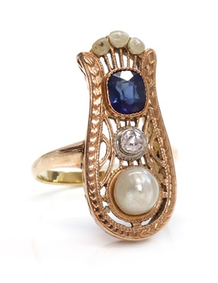 Lot 151 - A Continental rose gold sapphire, diamond and pearl ring, c.1915
