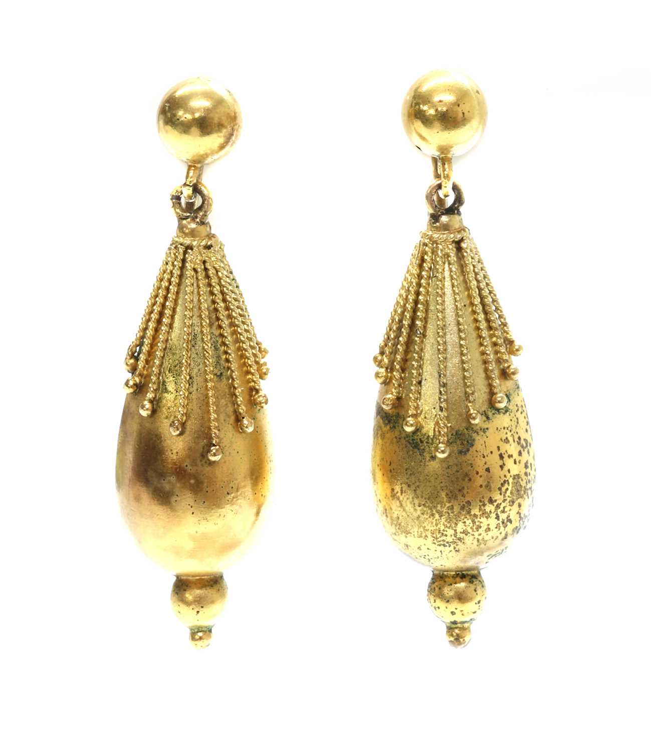 Lot 61 - A pair of Victorian gold, archaeological revival, Etruscan style drop earrings, c.1860