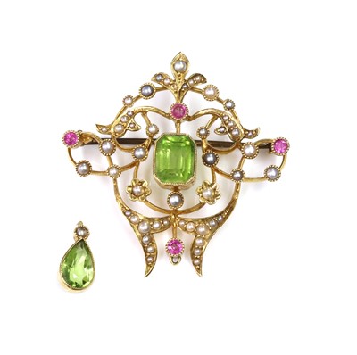Lot 132 - An Edwardian peridot, pink tourmaline and split pearl brooch/pendant, c.1900
