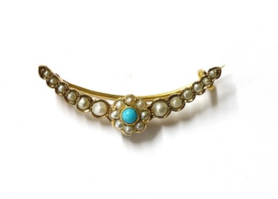 Lot 18 - A late Victorian gold turquoise and split pearl open crescent brooch
