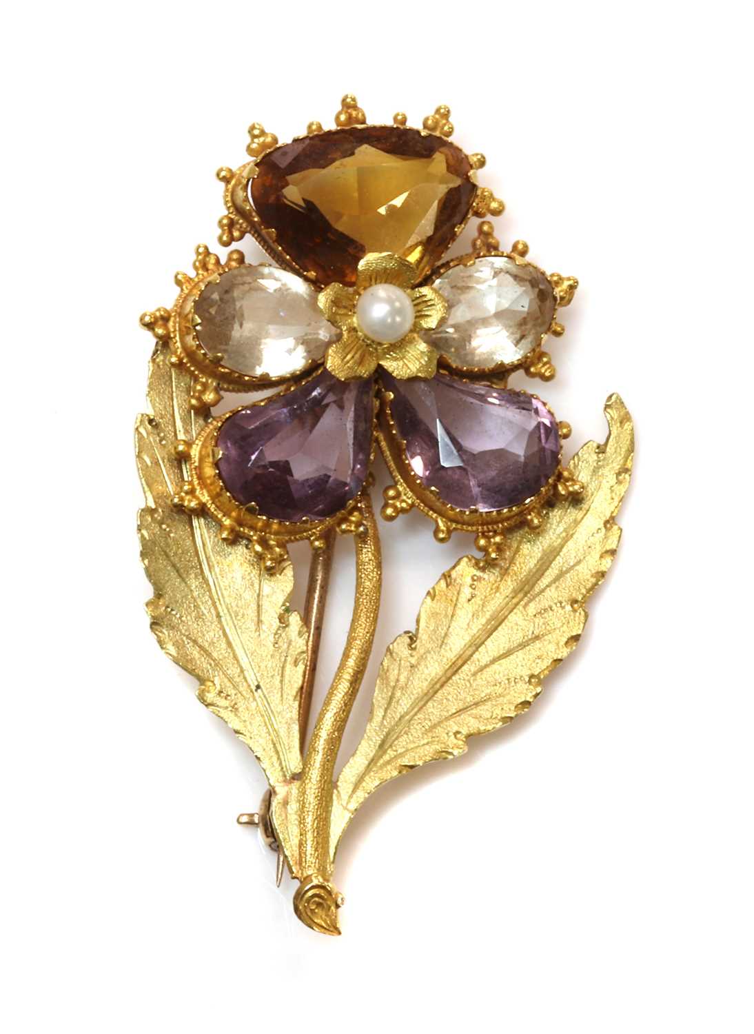 Lot 39 - A Regency seed pearl, citrine, quartz and amethyst pansy brooch, c.1820-1830