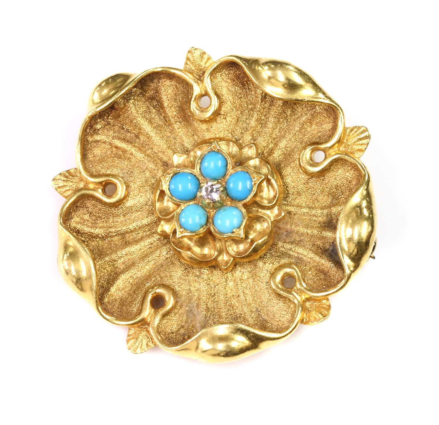Lot 67 - A Victorian gold diamond and turquoise set York rose brooch