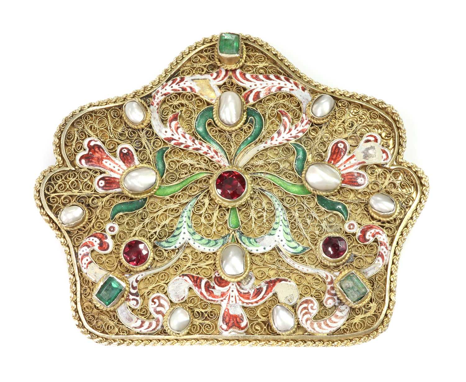 Lot 163 - An Indian silver gilt pearl and gemstone set brooch