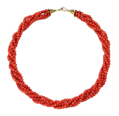 Lot 241 - A five row carved coral bead torsade necklace, by Clare Murray