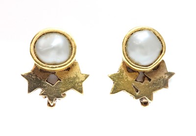 Lot 386 - A pair of gold cultured freshwater pearl earrings, by Clare Murray