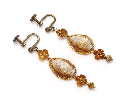 Lot 42 - A pair of early Victorian cowry shell drop earrings