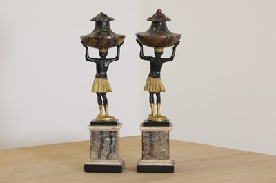 Lot 279 - A pair of bronze and Blue John figural table ornaments