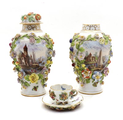 Lot 172 - A pair of Meissen style encrusted porcelain vases