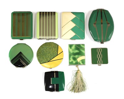 Lot 212 - Nine Art Deco design green enamelled and coloured compacts