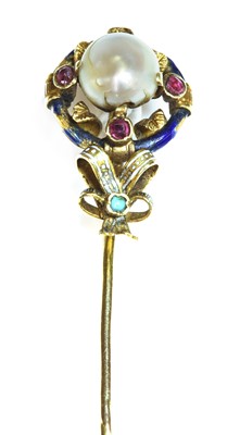 Lot 7 - A Victorian pearl, ruby, turquoise and enamel stick pin