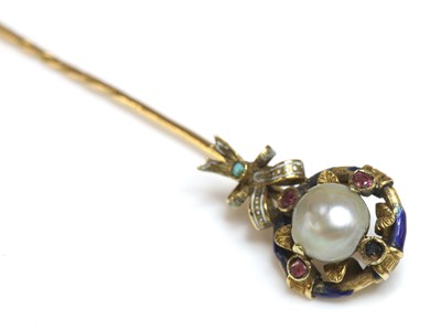 Lot 7 - A Victorian pearl, ruby, turquoise and enamel stick pin