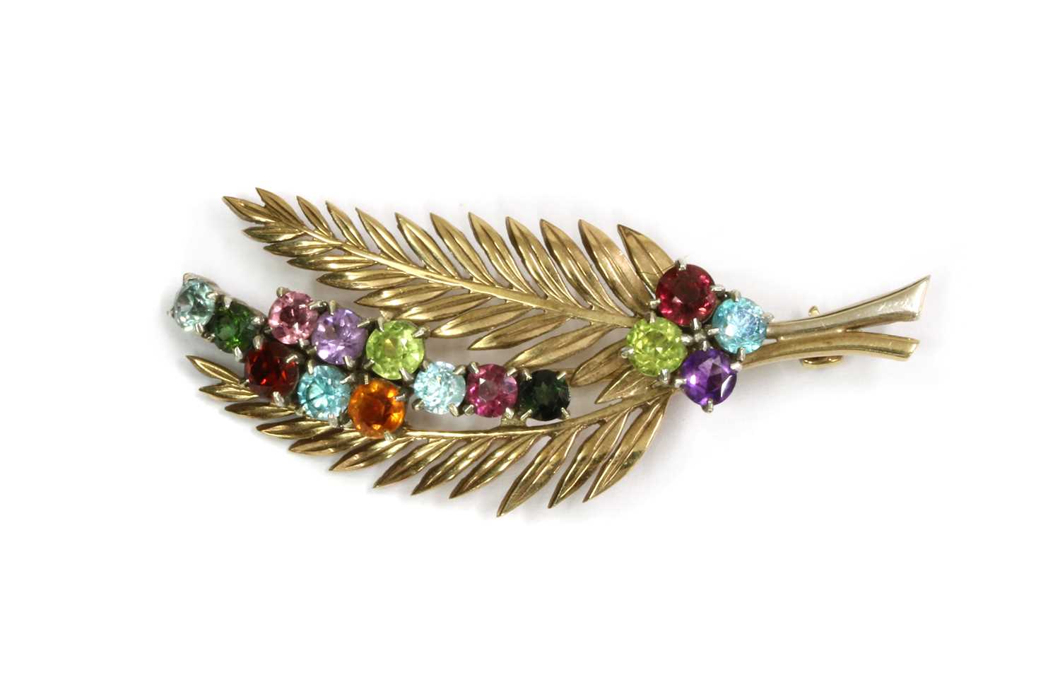 Lot 1077 - A gold assorted gemstone fern brooch