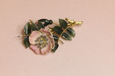 Lot 250 - A diamond nephrite jade and enamel dog rose brooch, c.1950