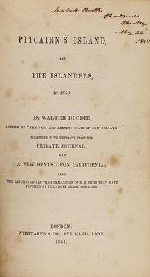 Lot 86 - 1- BRODIE, Walter: Pitcairn's Island, and the Islanders, in 1850. .