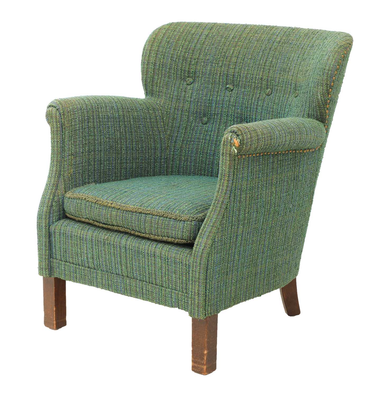 Lot 472 - A green and blue upholstered armchair