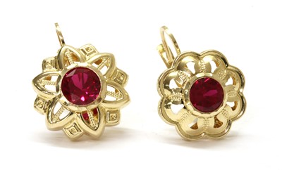 Lot 124 - A pair of 14ct gold synthetic ruby asymmetric earrings
