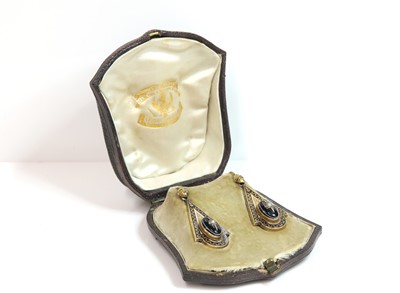 Lot 41 - A pair of cased Victorian split pearl, banded agate and enamel drop earrings, c.1870