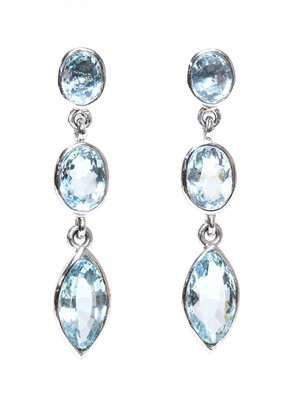Lot 350 - A pair of white gold aquamarine and blue topaz drop earrings