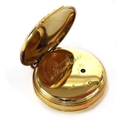 Lot 539 - A gold-plated Moeris Reuge à Sainte-Croix musical automaton open-faced alarm top wind pocket watch, c.1980