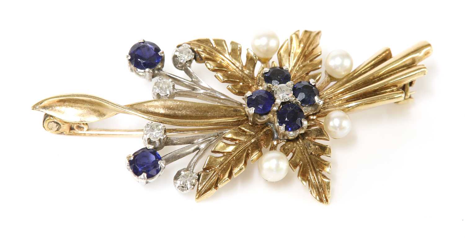 Lot 275 - A 9ct gold sapphire, diamond and cultured pearl spray brooch