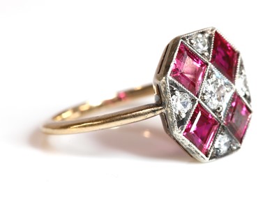 Lot 194 - An Art Deco diamond and synthetic ruby plaque ring