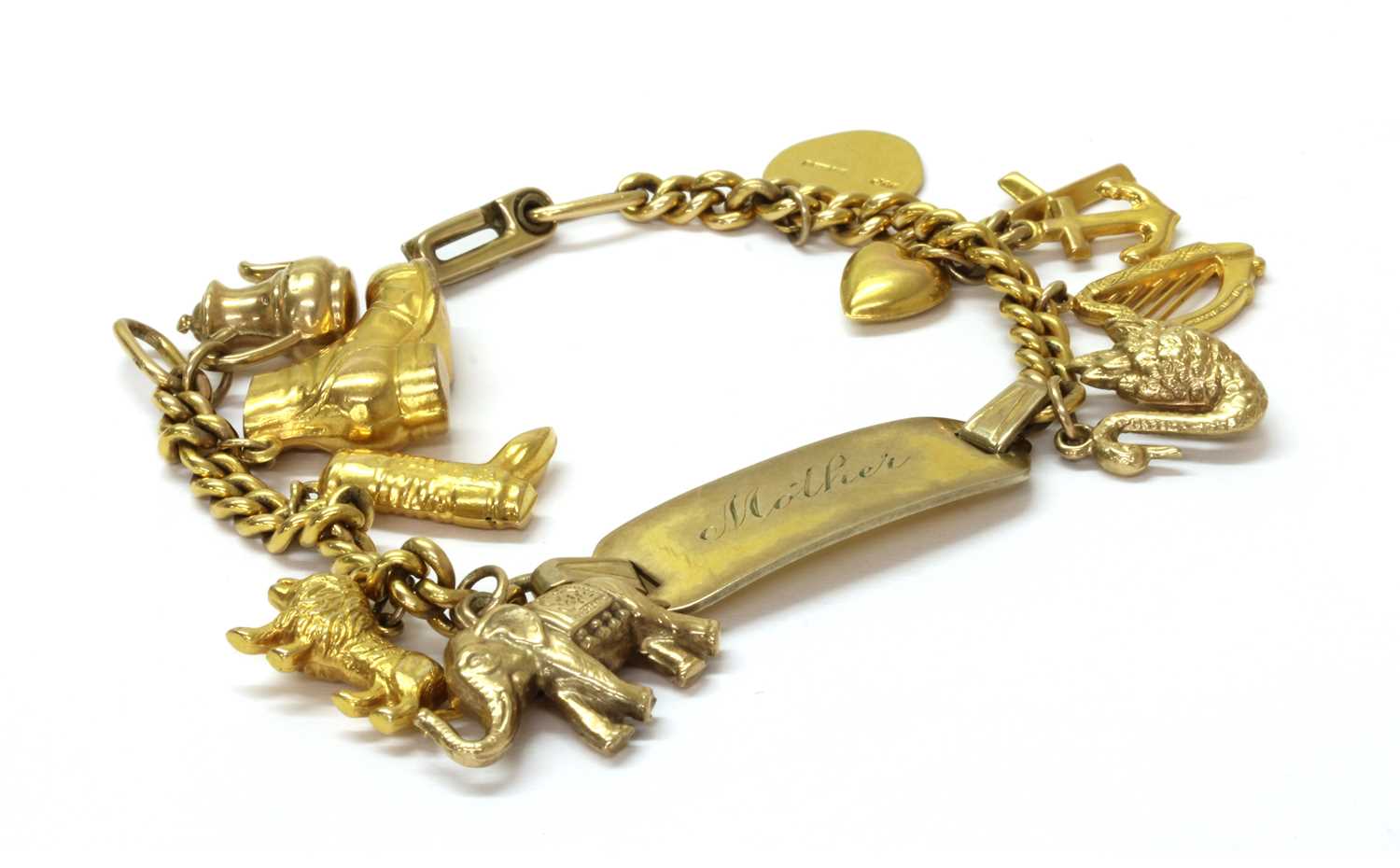 Lot 200 - A gold filled identity bracelet with gold charms