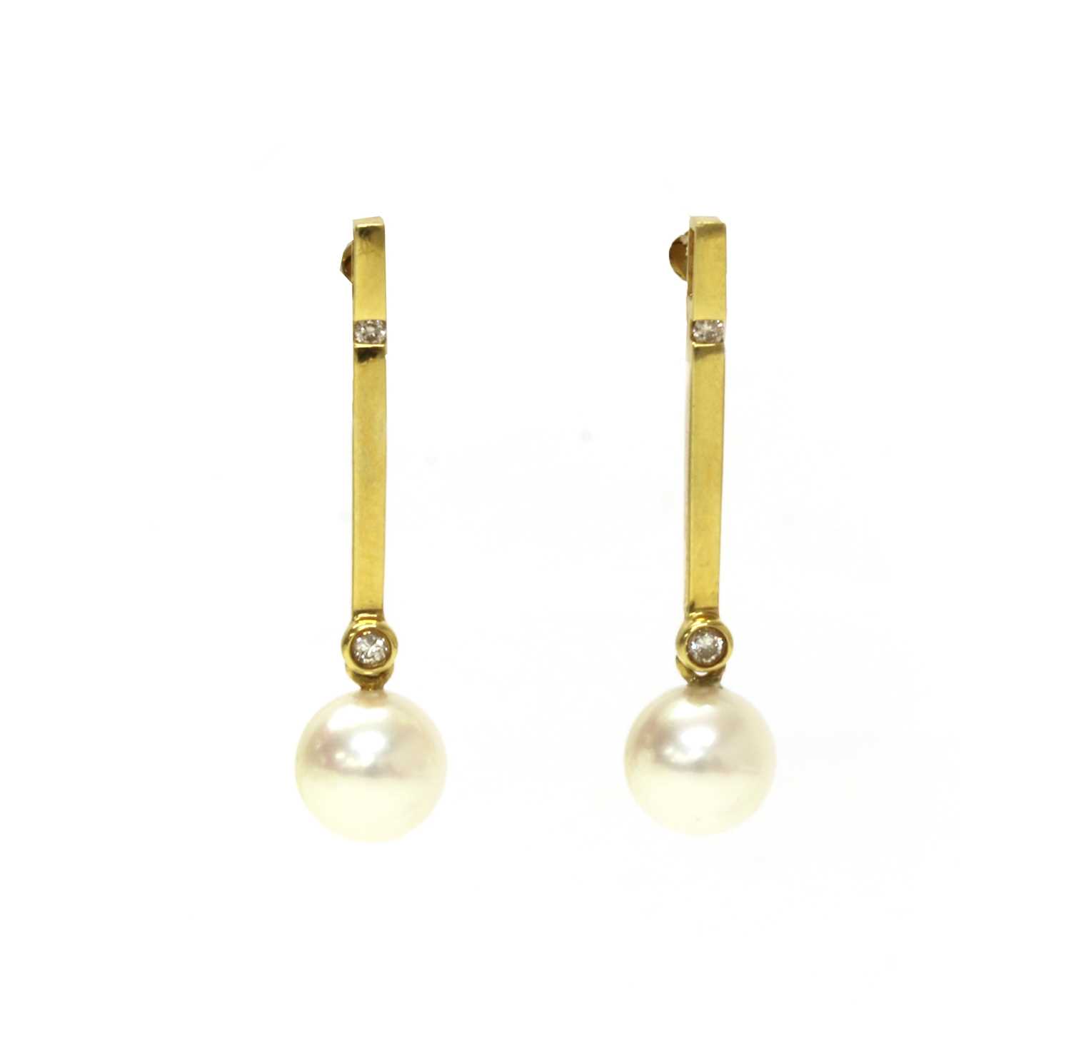 Lot 1254 - A pair of 18ct gold cultured pearl and diamond drop earrings
