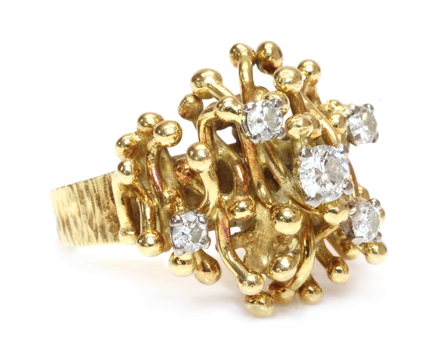 Lot 288 - An 18ct gold diamond set twig ring, by D. A. Soley, c.1970
