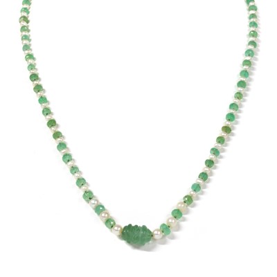 Lot 1200 - An emerald bead and cultured pearl necklace