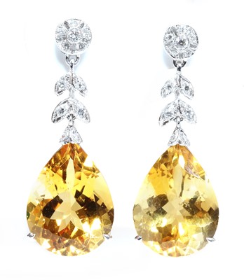 Lot 435 - A pair of citrine and diamond drop earrings