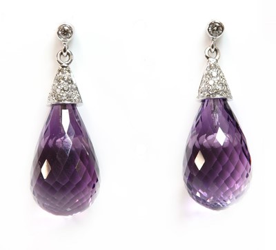 Lot 343 - A pair of white gold amethyst and diamond drop earrings