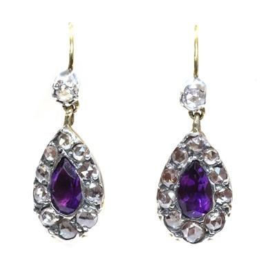 Lot 22 - A pair of amethyst and diamond drop earrings