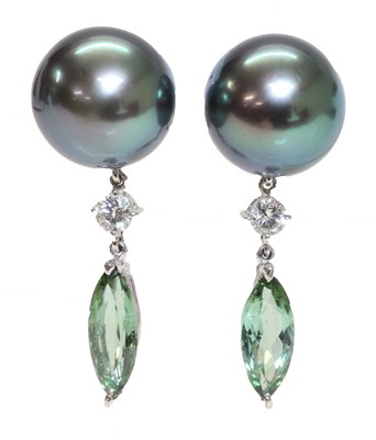 Lot 317 - A pair of cultured Tahitian pearl and diamond drop earrings