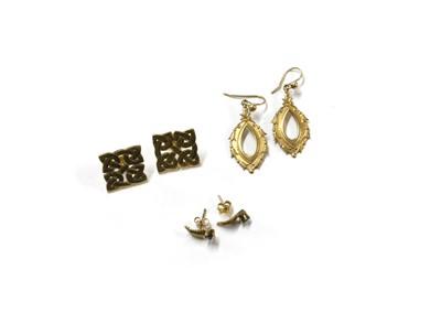 Lot 1396 - Three pairs of gold earrings