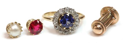 Lot 95 - A gold interchangeable gem set and diamond cluster ring and earrings suite